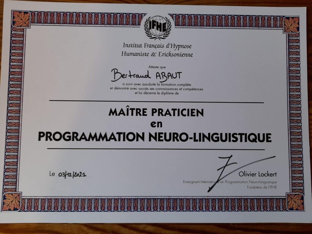 ABAUT Bertrand diplome Maitre Praticien PNL